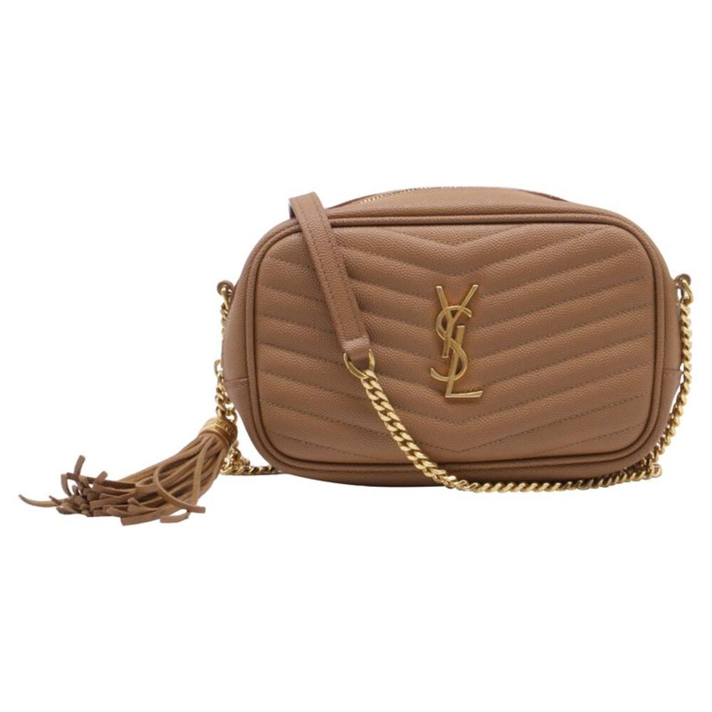 Saint Laurent Mini Lou Chevron Camera Bag in Beige Leather